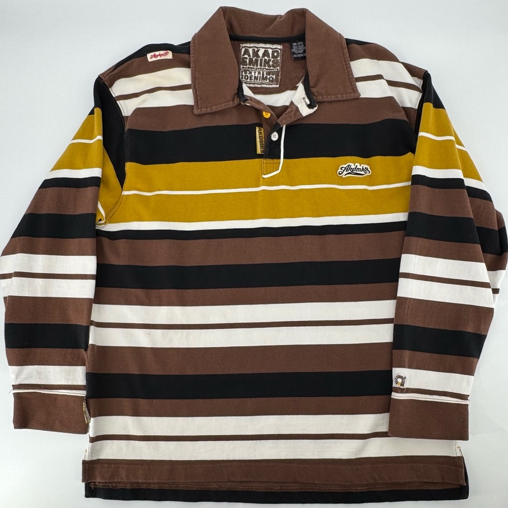 Akademiks Brown Black White Mustard Striped Rugby L/S Polo. 3XL